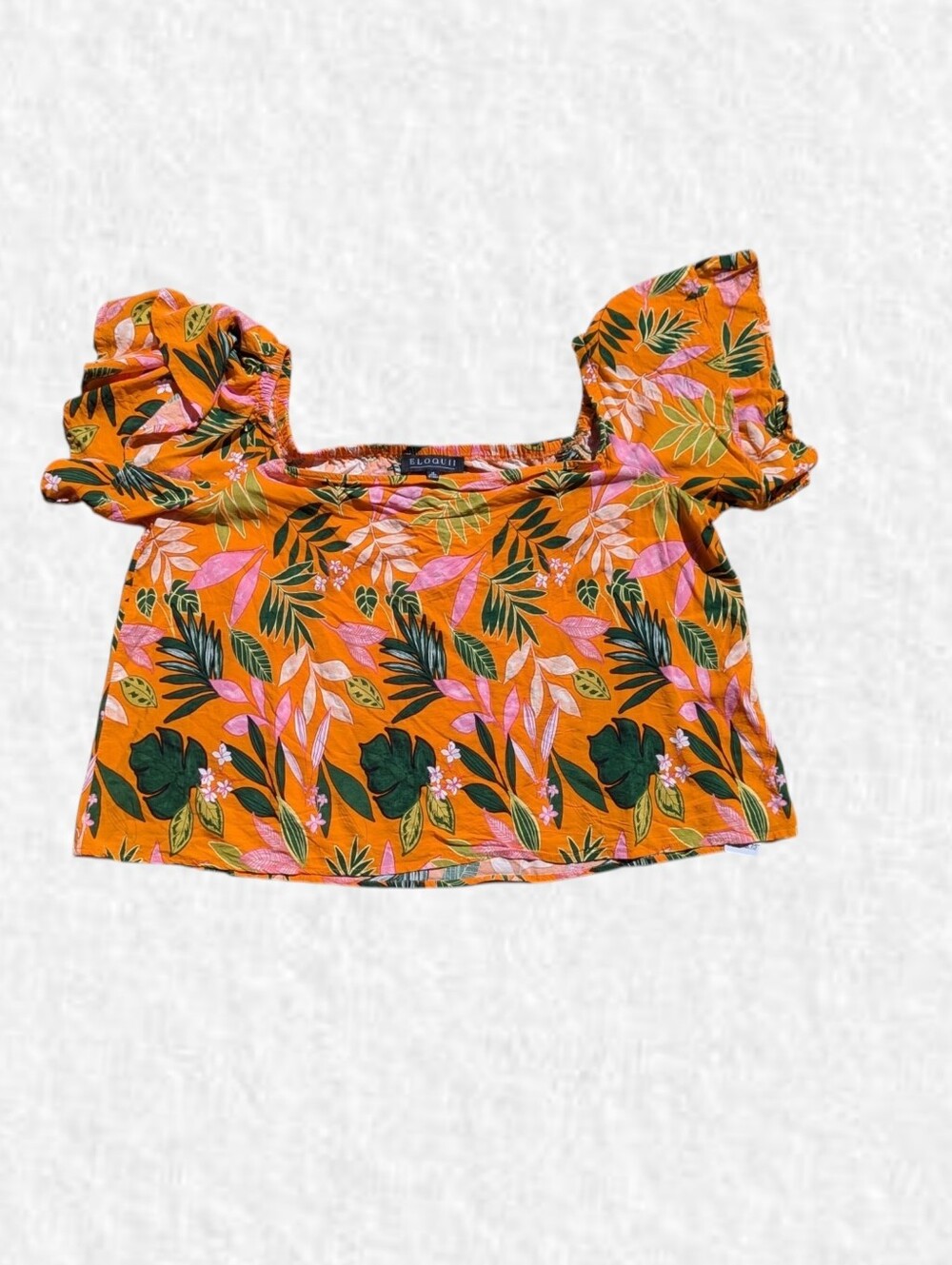 Eloquii Plus Size 18: Bright Orange Tropical Flutter Sleeve Waist Length Top - Picture 2 of 6